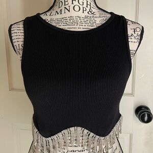 Black Ribbed Crop Top with Rhinestone Fringe